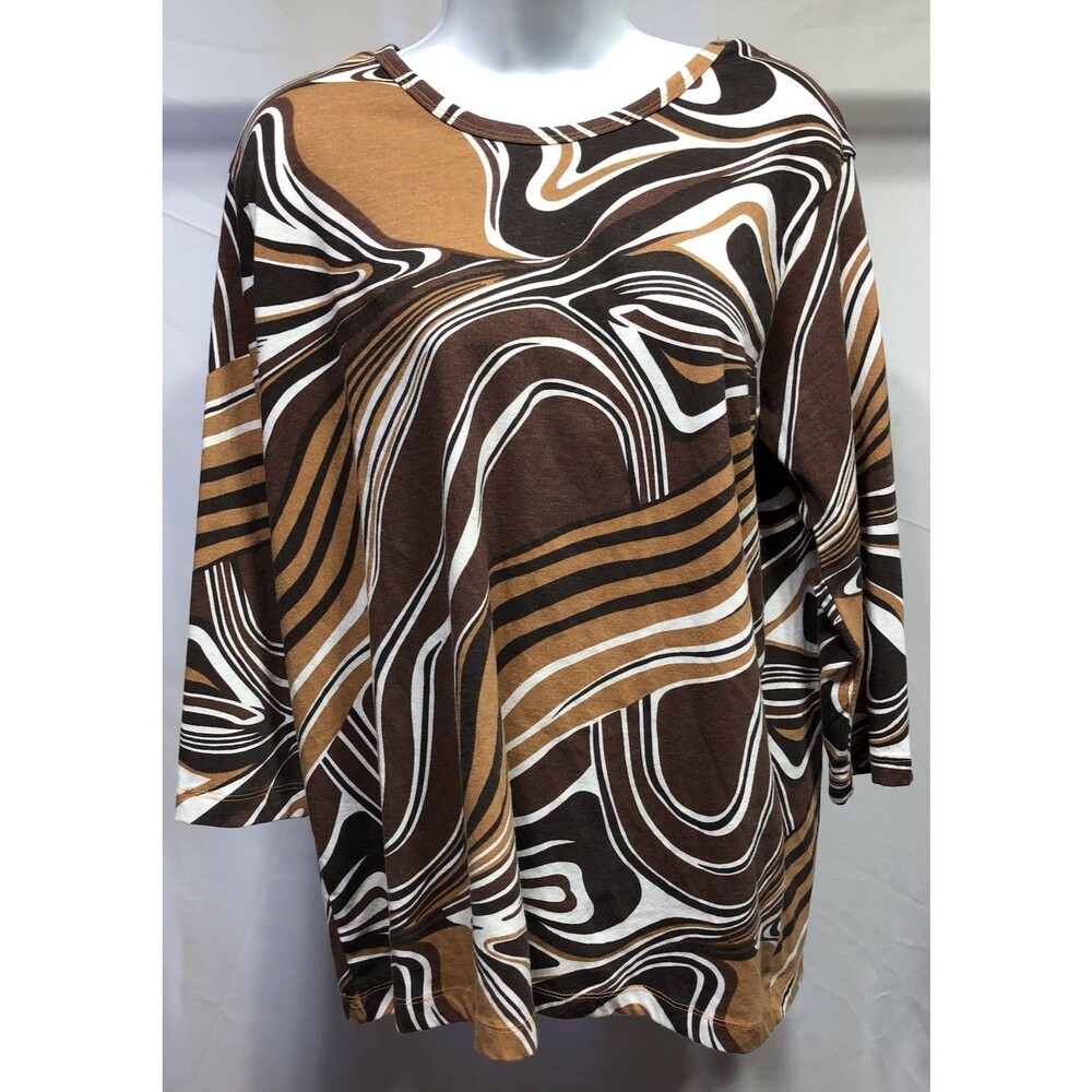 Sara Morgan Jersey Top XL Brown Geo Mod Long sleeve Soft Knit Boho Hippie
